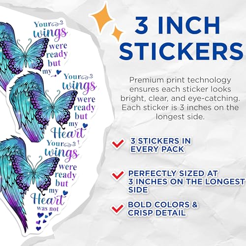 (3 Pack) Butterfly Wings Decals - Memorial Decal - in Loving Memory Decal - 3 Inches On Longest Side - Easy Peel & Apply - Made in USA - 3MCS4874
