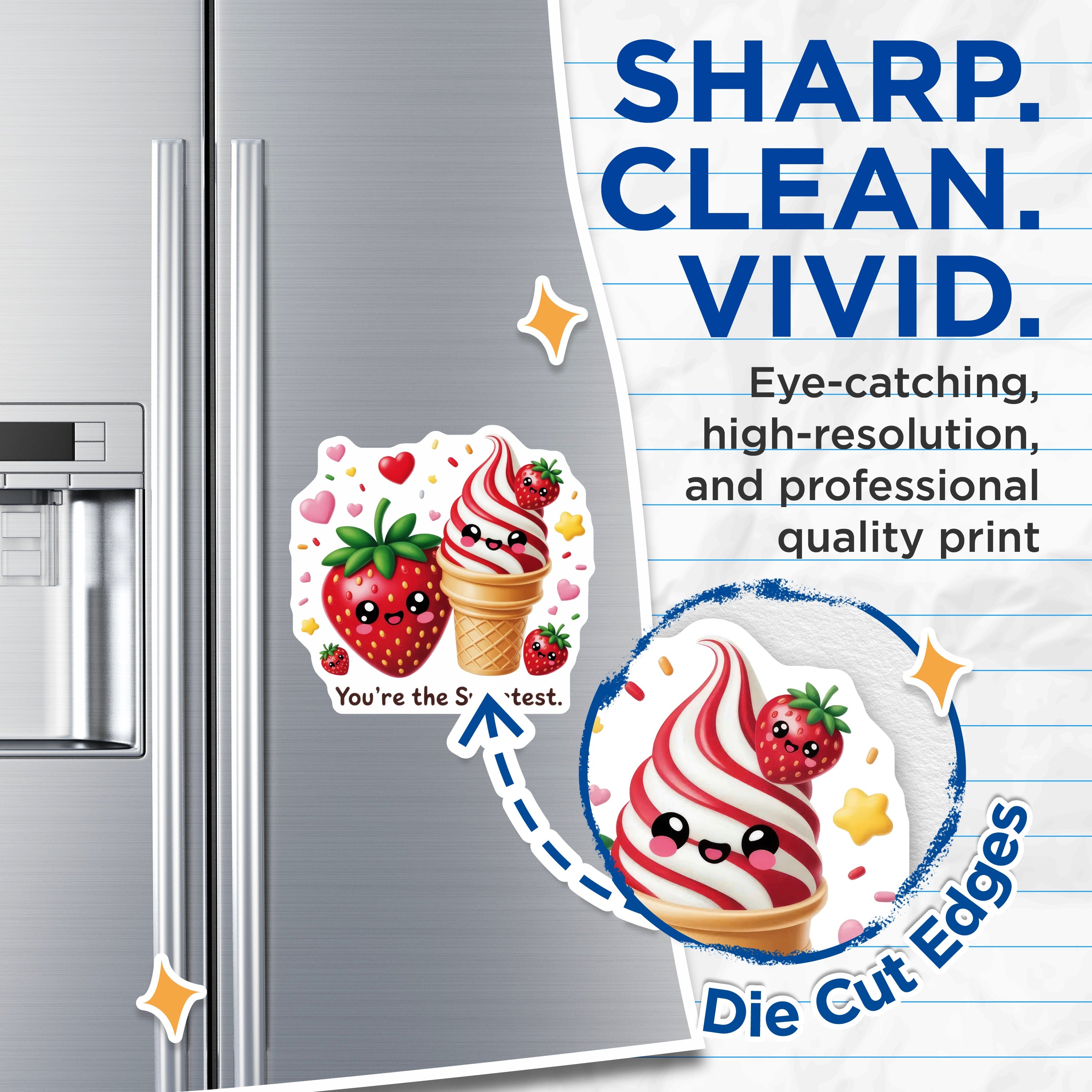 (2 Pack) Kawaii Strawberry Ice Cream Magnets - Cute Foodie Decor - Sweetheart Present - Fridge Locker Adornment - 5 Inches On Longest Side - Thick Durable Magnet - Made in USA - MAG39053