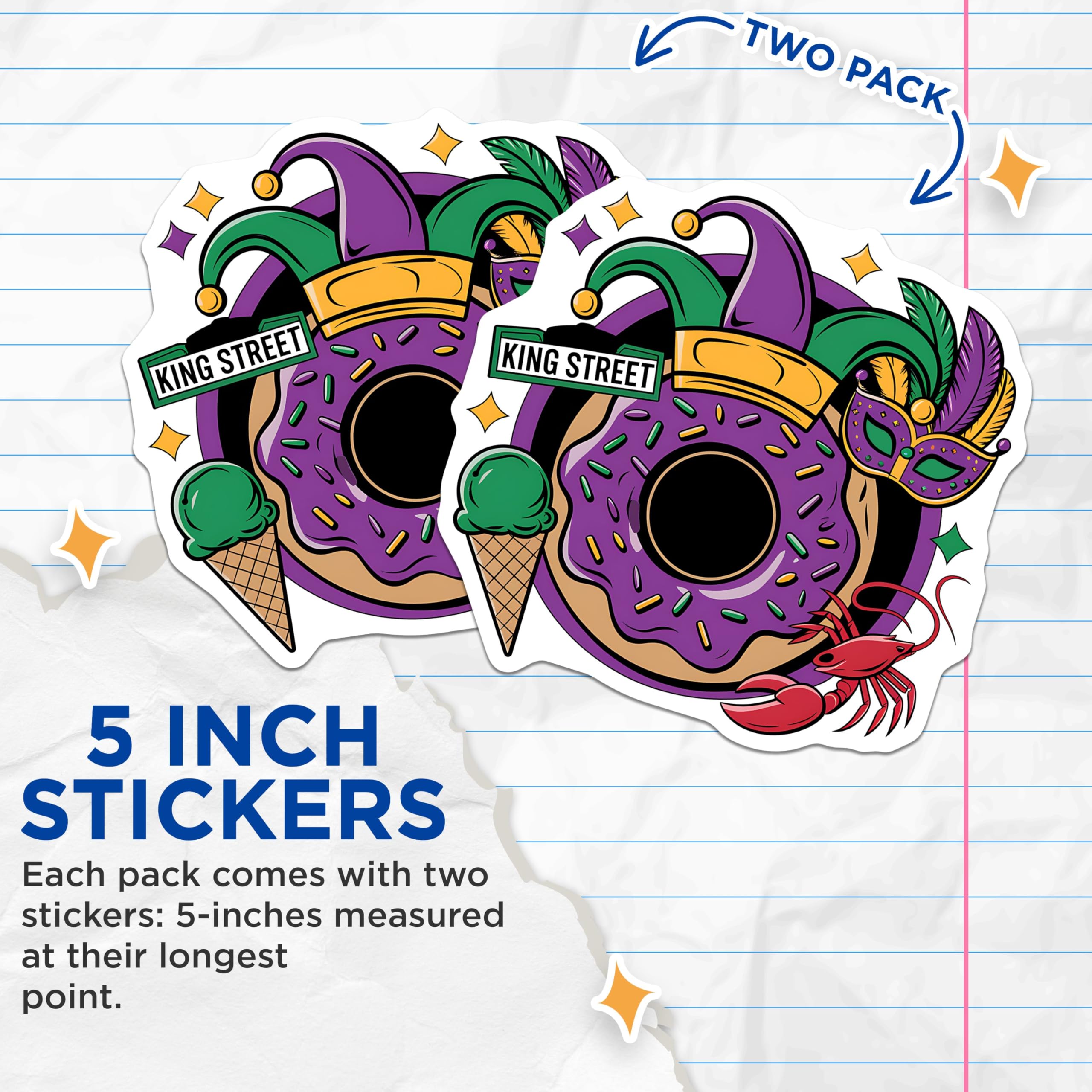 (2 Pack) Mardi Gras Donut Stickers - Louisiana Carnival Celebration - Fun Party Theme Stickers - 5" On Longest Side - Sticks to Smooth Flat Surfaces - Made in USA - BMCS3905