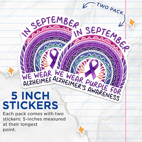 (2 Pack) Alzheimer's Awareness Stickers - Breast Cancer Awareness - Purple Ribbon Stickers - 5" On Longest Side - Sticks to Smooth Flat Surfaces - Made in USA - BMCS9792