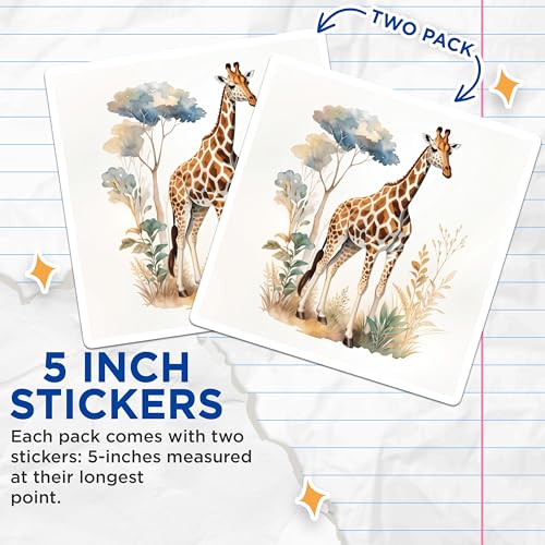 (2 Pack) Giraffe Art Stickers - Nature Scene - Animal Themed - 5" On Longest Side - Sticks to Smooth Flat Surfaces - Made in USA - BMCS8688