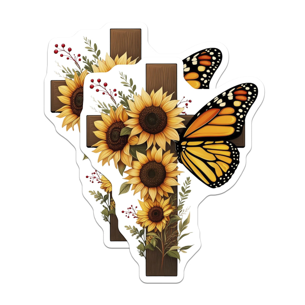 (2 Pack) Sunflower Cross Magnets - Monarch Butterfly - Religious Kitchen Decor - 5" On Longest Side - Premium Magnet - for Cars, Refrigerators, Toolboxes, Lockers - Made in USA - MAG16897