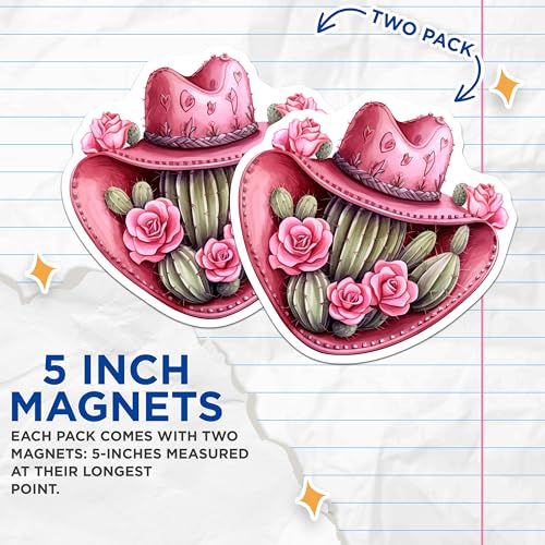 (2 Pack) Cactus Rose Cowboy Hat Magnets - Western Cowgirl Hat Cactus Magnets - Pink Floral Country Hat Magnets - 5" On Longest Side - for Cars, Refrigerators, Toolboxes, Lockers - Made In USA BMCS3385
