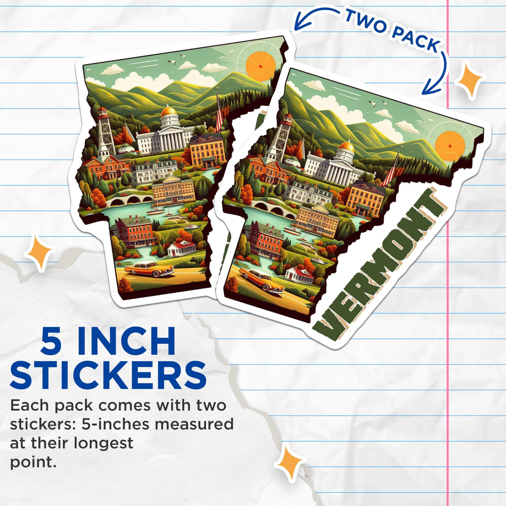 (2 Pack) Vermont State Stickers - Scenic Vermont Travel Decals - Retro Vermont Souvenir Stickers - 5" On Longest Side - Sticks to Smooth Flat Surfaces - Made in USA - BMCS5541