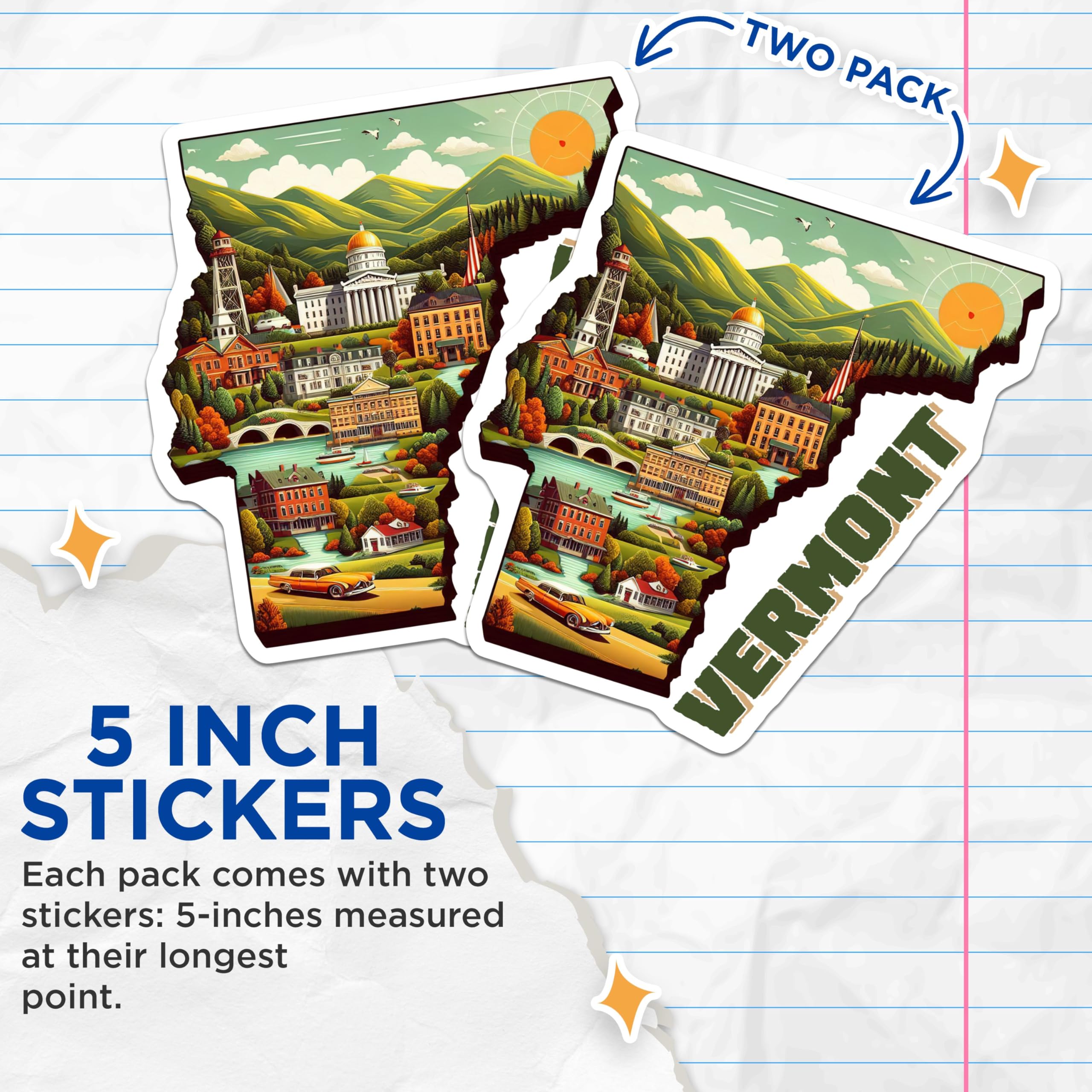 (2 Pack) Vermont State Stickers - Scenic Vermont Travel Decals - Retro Vermont Souvenir Stickers - 5" On Longest Side - Sticks to Smooth Flat Surfaces - Made in USA - BMCS5541