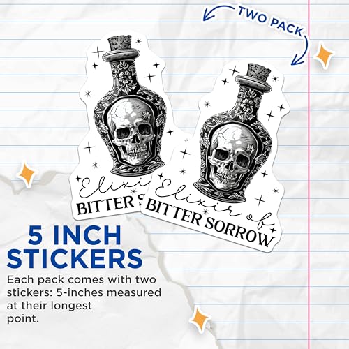 (2 Pack) Elixir of Bitter Sorrow Stickers - Skull Potion Bottle Stickers - Gothic Apothecary Stickers - 5" On Longest Side - Sticks to Any Smooth Flat Surface - Made in USA - BMCS3448