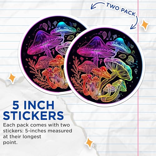 (2 Pack) Mushroom Stickers - Psychedelic Art Stickers - Colorful Mushroom Decals - 5" On Longest Side - Sticks to Smooth Flat Surfaces - Made in USA - BMCS6767