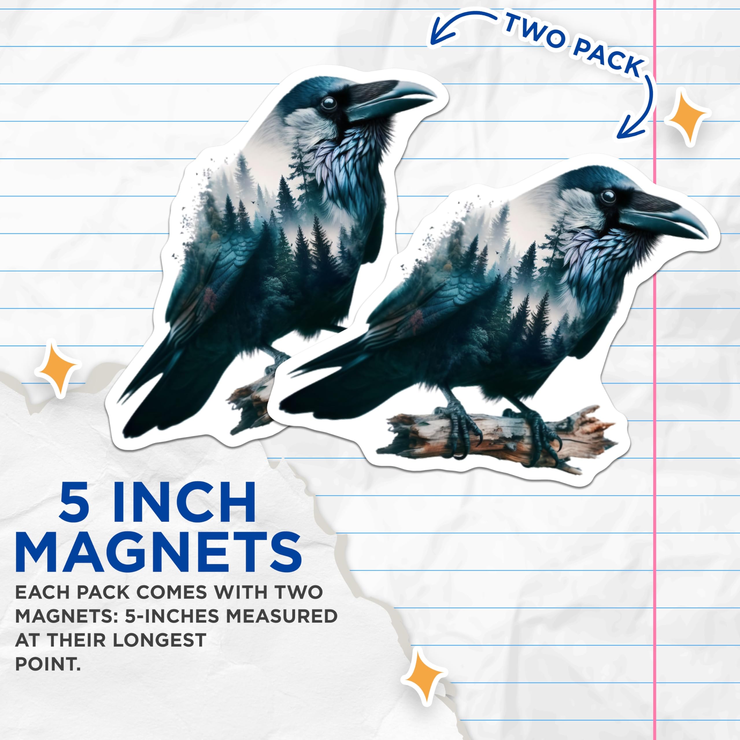 (2 Pack) Raven Magnets - Forest Bird - Nature Art Refrigerator Decor - 5" On Longest Side - Premium Magnet - for Cars, Refrigerators, Toolboxes, Lockers - Made in USA - MAG14430