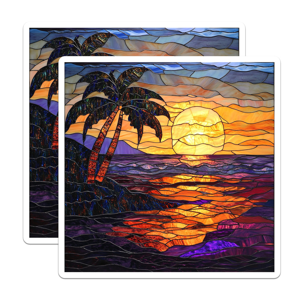 (2 Pack) Stained Glass Tropical Sunset Magnets - Palm Tree Ocean Scene - Beach Home Refrigerator Decor - 5 Inches On Longest Side - Thick Durable Magnet - Made in USA - MAG28145