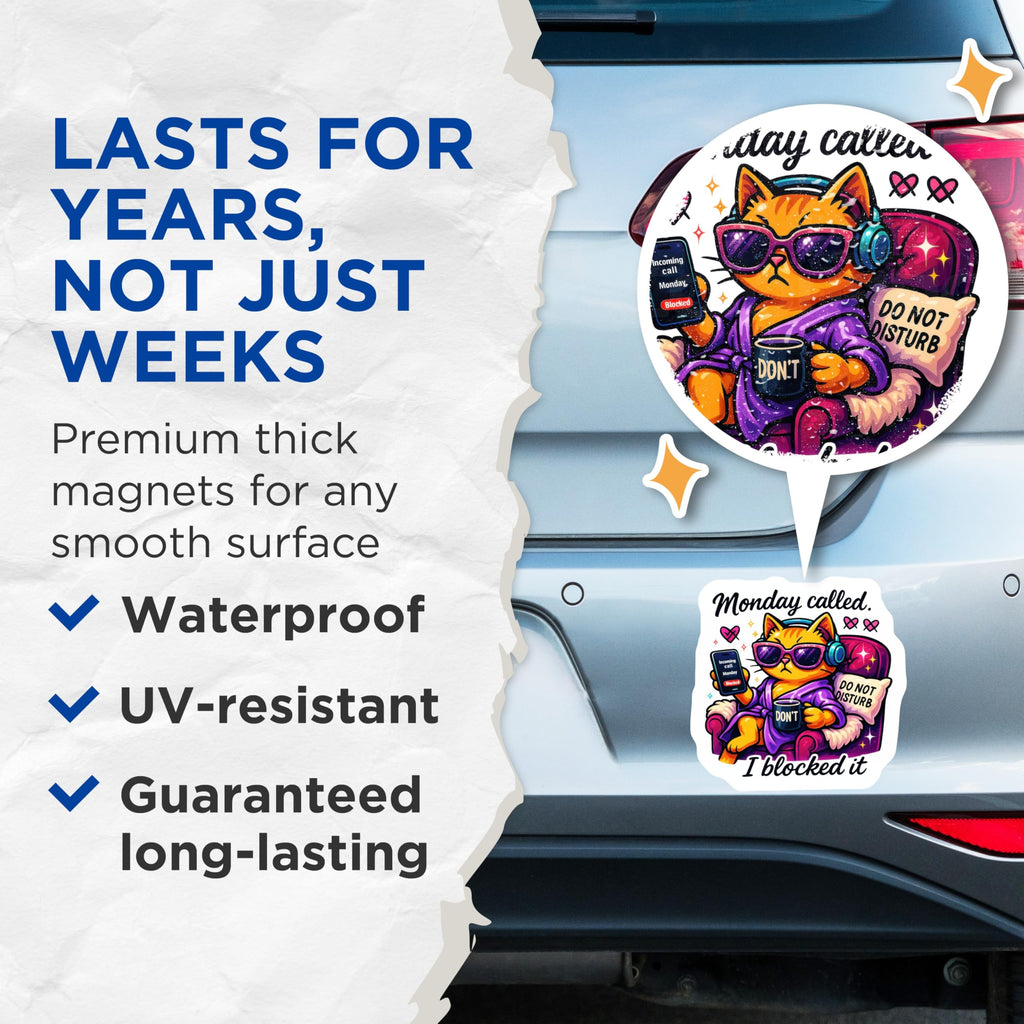 (2 Pack) Monday Called I Blocked It Magnets - Funny Cat Art - Anti Monday Humor Decor - 5 Inches On Longest Side - Thick Durable Magnet - Made in USA - MAG21668