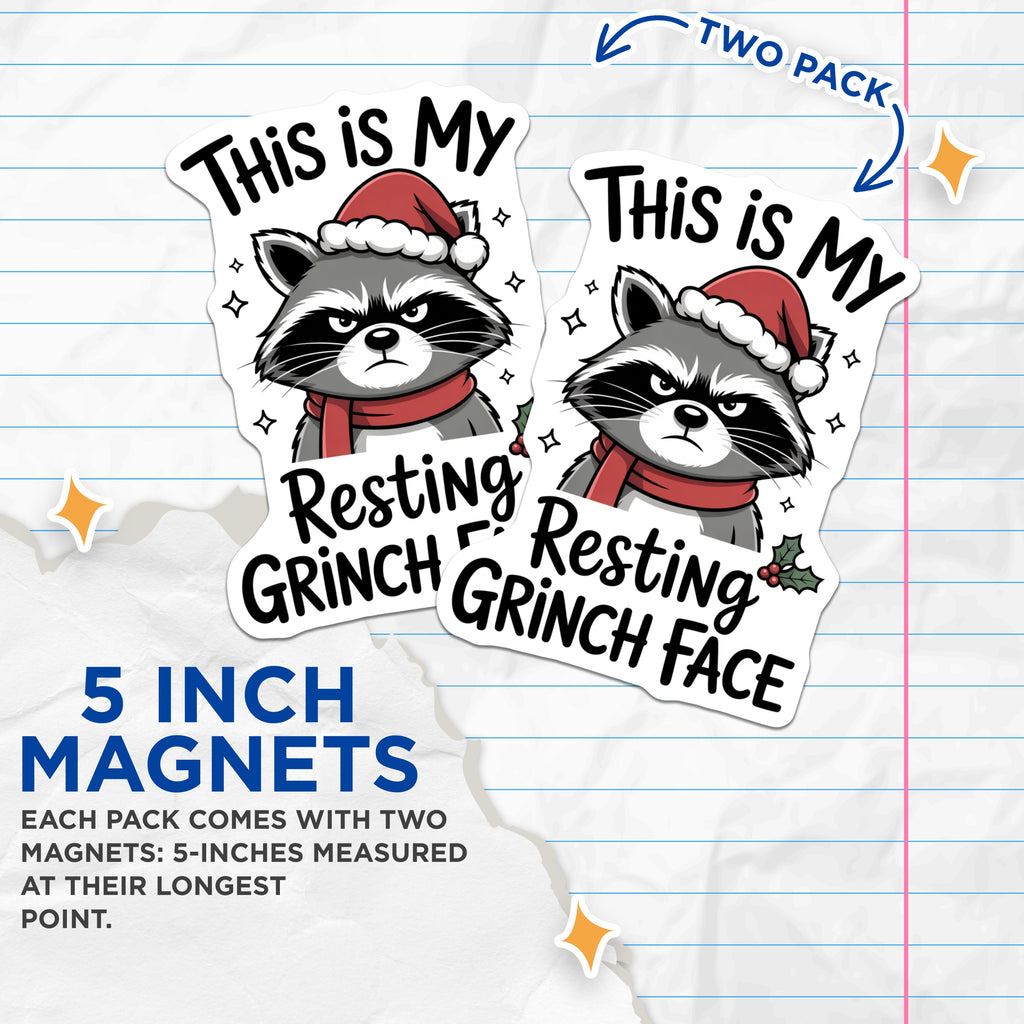 (2 Pack) Resting Grinch Face Magnets - Funny Christmas Raccoon Decor - Sarcastic Holiday Refrigerator Accent - 5 Inches On Longest Side - Thick Durable Magnet - Made in USA - MAG36558