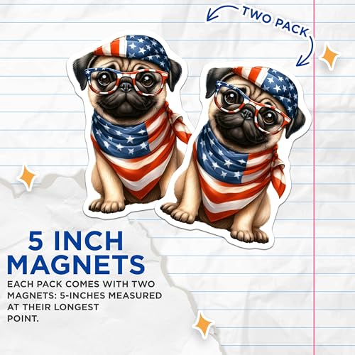 (2 Pack) Cute Pug Dog Magnets - Adorable Pug Puppy Magnet - Patriotic Dog Lover Decor - American Flag Bandana - 5" On Longest Side - for Cars, Fridges, Toolboxes - Made in USA - MAG6976