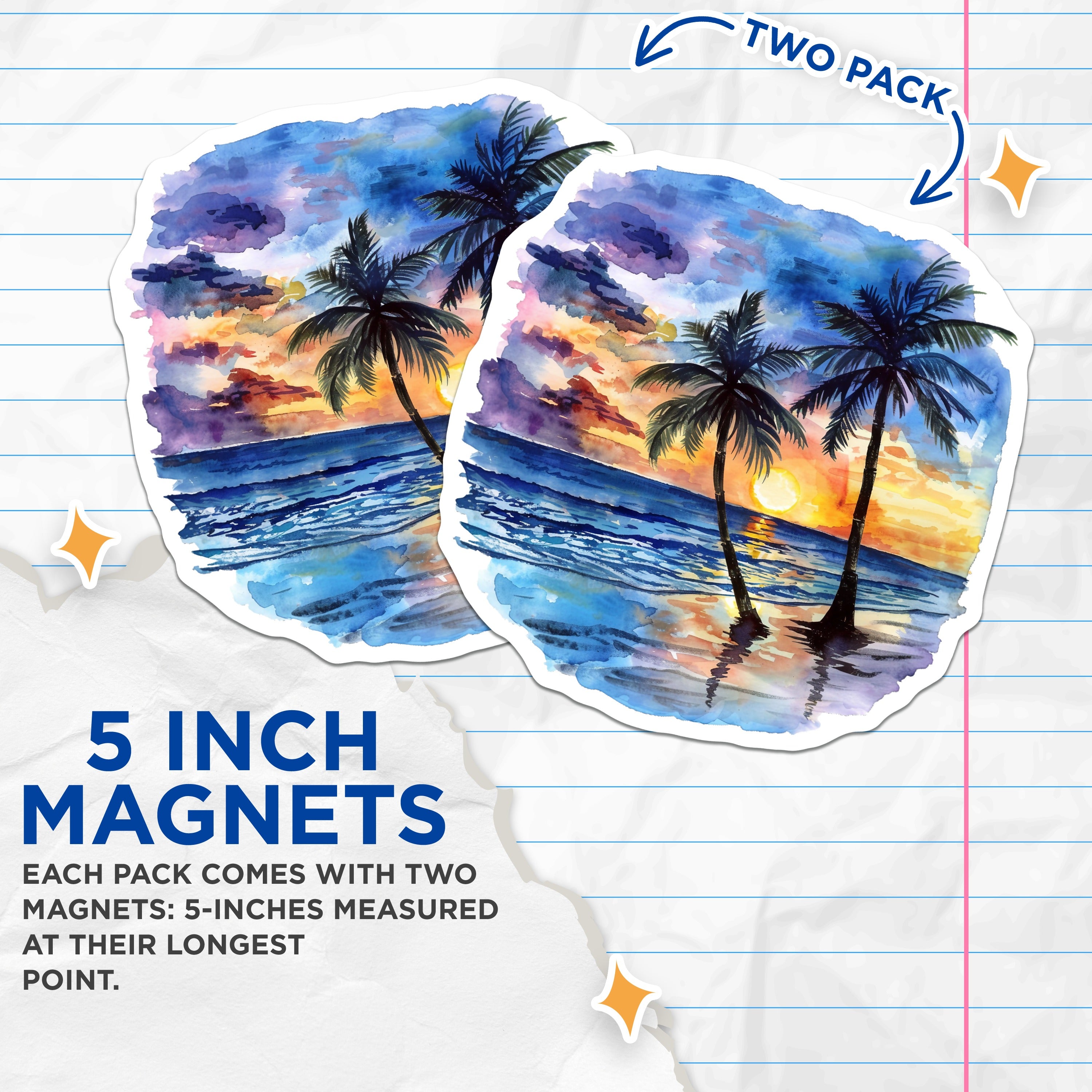 (2 Pack) Tropical Sunset Magnets - Palm Tree Beach Art - Coastal Ocean Decor - 5 Inches On Longest Side - Thick Durable Magnet - Made in USA - MAG39467