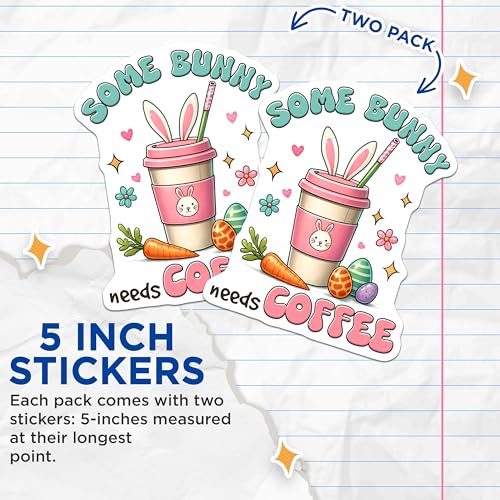 (2 Pack) Bunny Coffee Stickers - Cute Animal - Coffee Lover - Kawaii Bunny - 5" On Longest Side - Sticks to Smooth Flat Surfaces - Made in USA - BMCS7532