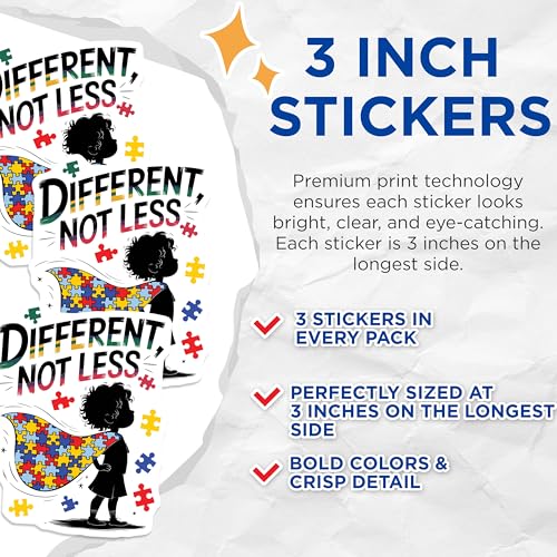 (3 Pack) Autism Awareness Decals - Superhero Puzzle Piece - Different Not Less Stickers - 3 Inches On Longest Side - Easy Peel & Apply - Made in USA - 3MCS0054