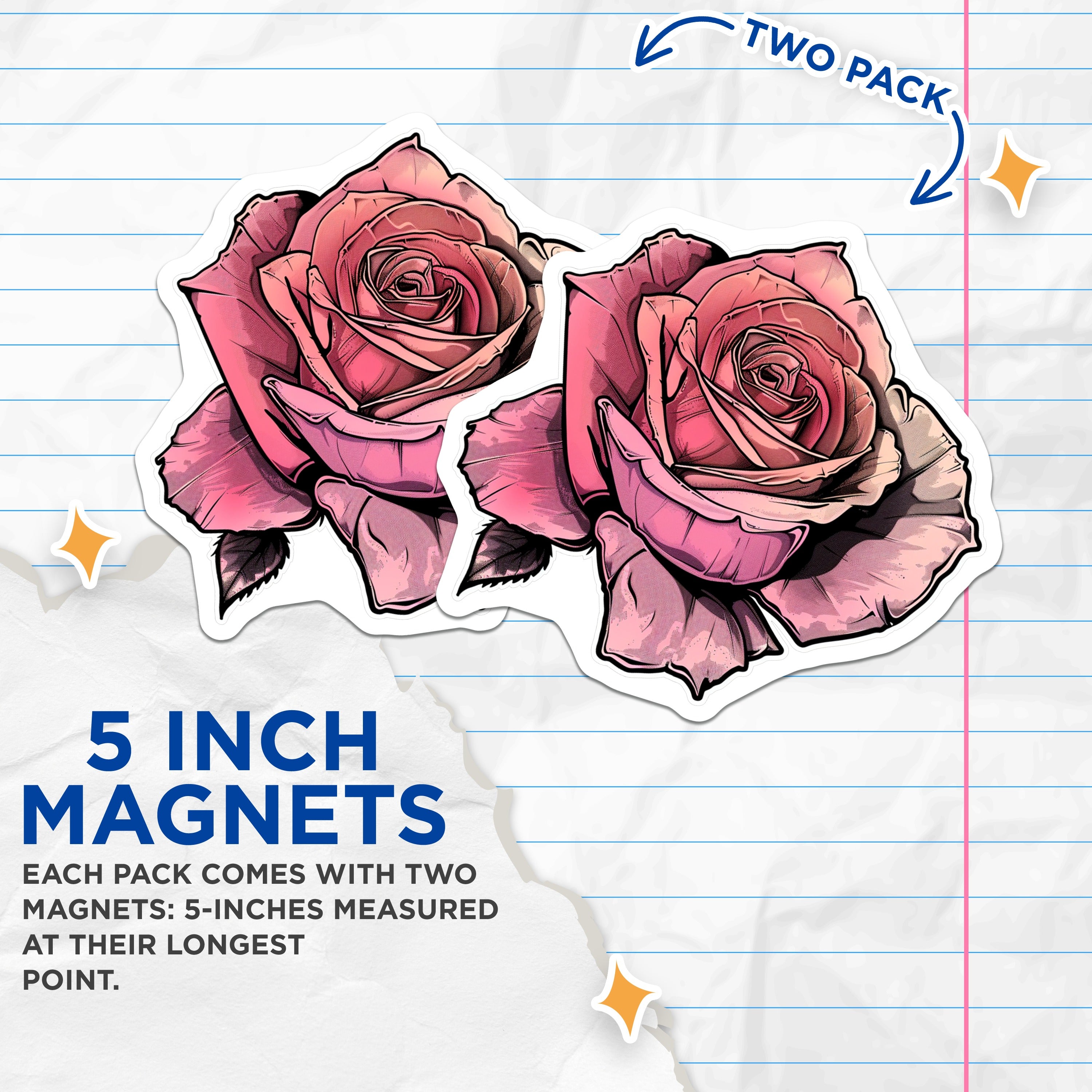 (2 Pack) Pink Rose Magnets - Floral Kitchen Decor - Botanical Art Fridge Magnet for Women - Aesthetic Locker Accents - 5 Inches On Longest Side - Thick Durable Magnet - Made in USA - MAG36569