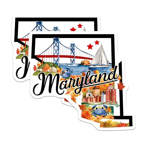 (2 Pack) Maryland State Stickers - Maryland Travel Decals - Maryland Landmarks Illustration Decals - 5" On Longest Side - Sticks to Smooth Flat Surfaces - Made in USA - BMCS6287