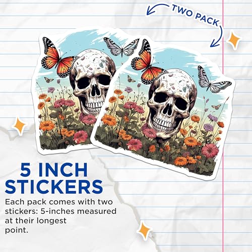(2 Pack) Skull and Butterfly Stickers - Floral Skull Stickers - Nature and Skull Decor - 5" On Longest Side - Sticks to Smooth Flat Surfaces - Made in USA - BMCS4239