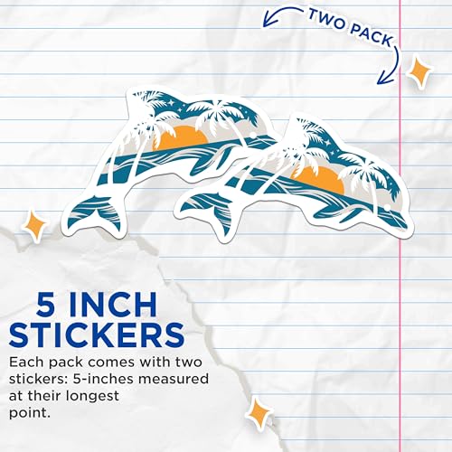 (2 Pack) Dolphin Sunset Stickers - Ocean Beach Stickers - Tropical Paradise Stickers - 5" On Longest Side - Sticks to Smooth Flat Surfaces - Made in USA - BMCS4865