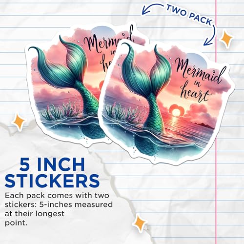 (2 Pack) Mermaid in Heart Stickers - Beautiful Ocean-Themed Sticker - Watercolor Art Sticker - 5" On Longest Side - Sticks to Smooth Flat Surfaces - Made in USA - BMCS9307 - Mermaid Tail Decal
