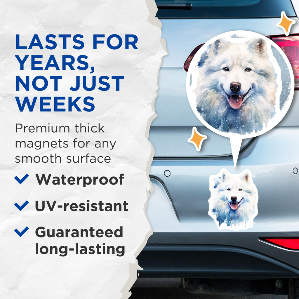 (2 Pack) Samoyed Dog Magnets - Watercolor Animal Portrait - Happy Smiling White Fluffy Pet Fridge Locker Accessory - 5 Inches On Longest Side - Thick Durable Magnet - Made in USA - MAG23866