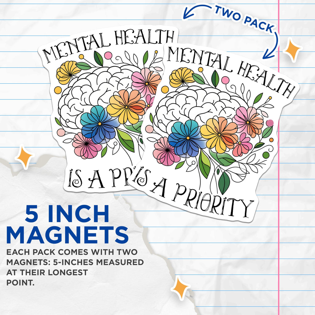 (2 Pack) Mental Health Magnets - Motivational - Inspirational Flower Brain - 5" On Longest Side - for Cars, Refrigerators, Toolboxes, Lockers - Made in USA BMCS3247