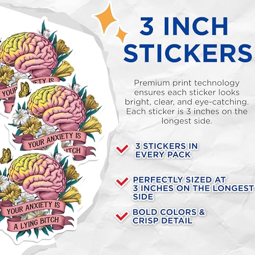 (3 Pack) Anxiety Decals - Mental Health Sticker - Floral Brain Art Decals - 3 Inches On Longest Side - Easy Peel & Apply - Made in USA - 3MCS2475
