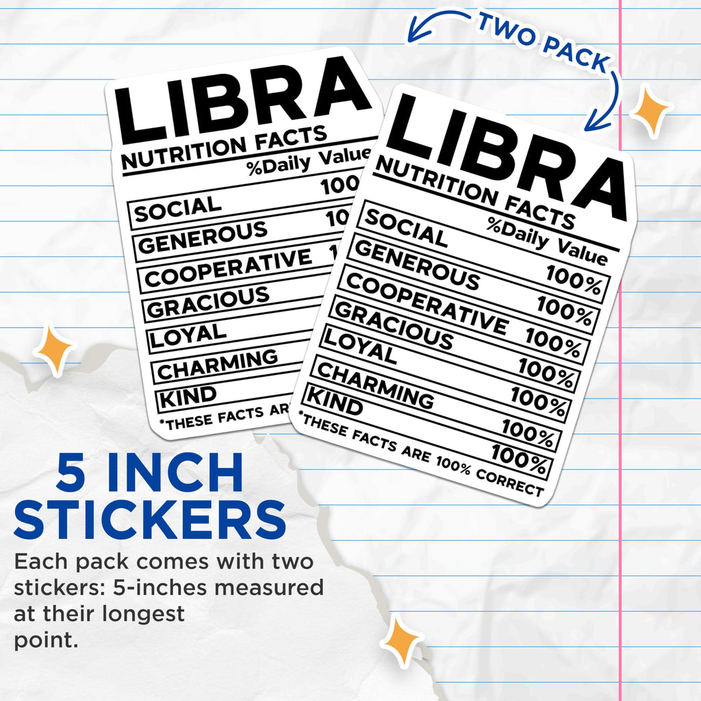 (2 Pack) Libra Nutrition Facts Stickers - Zodiac Sign - Astrology Chart - Horoscope Personal Traits - 5" On Longest Side - Sticks to Smooth Flat Surfaces - Made in USA - BMCS5141