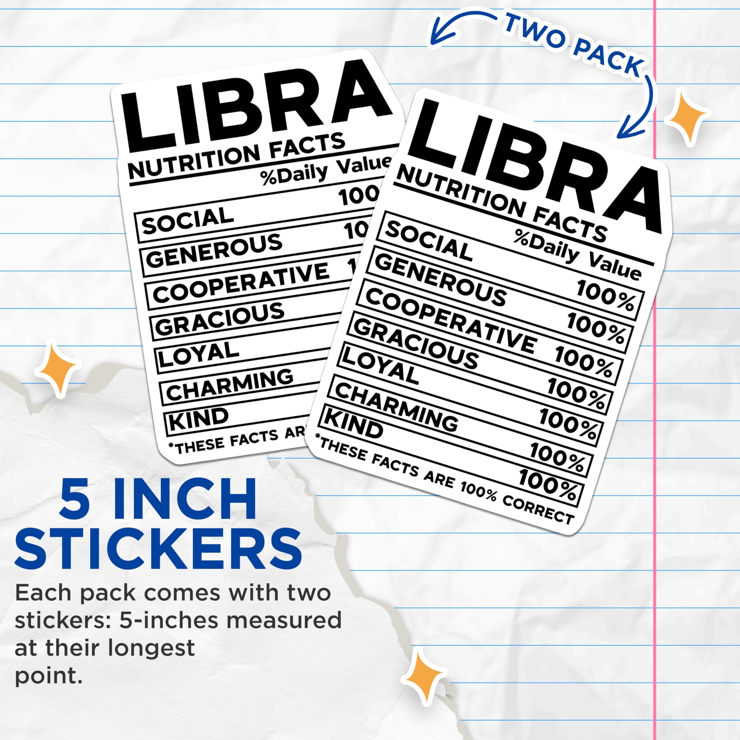 (2 Pack) Libra Nutrition Facts Stickers - Zodiac Sign - Astrology Chart - Horoscope Personal Traits - 5" On Longest Side - Sticks to Smooth Flat Surfaces - Made in USA - BMCS5141
