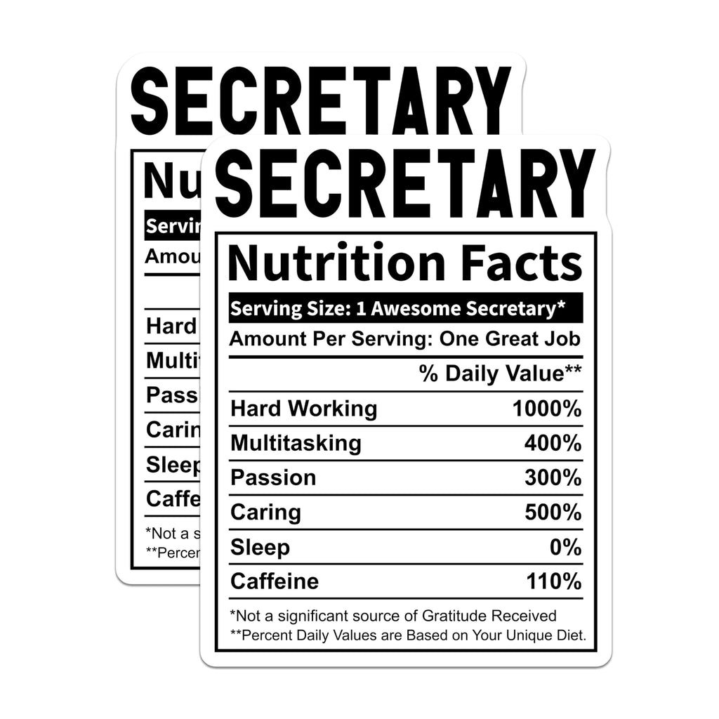 (2 Pack) Secretary Nutrition Facts Stickers - Funny Office Stickers - Humorous Secretary Appreciation Stickers - 5" On Longest Side - Sticks to Smooth Flat Surfaces - Made in USA - BMCS5029