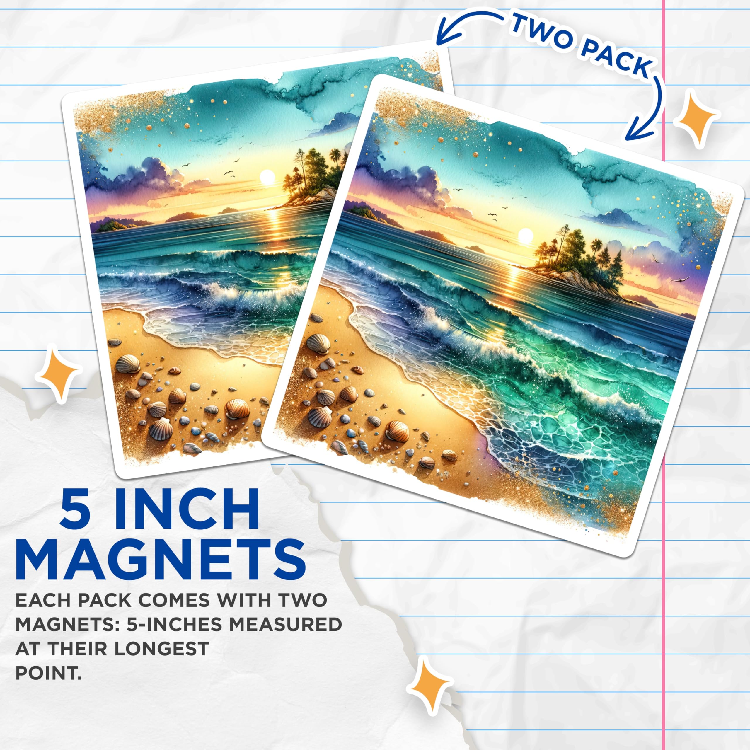(2 Pack) Watercolor Beach Magnets - Ocean Sunset Decor - Tropical Island Scene - 5 Inches On Longest Side - Thick Durable Magnet - Made in USA - MAG28396