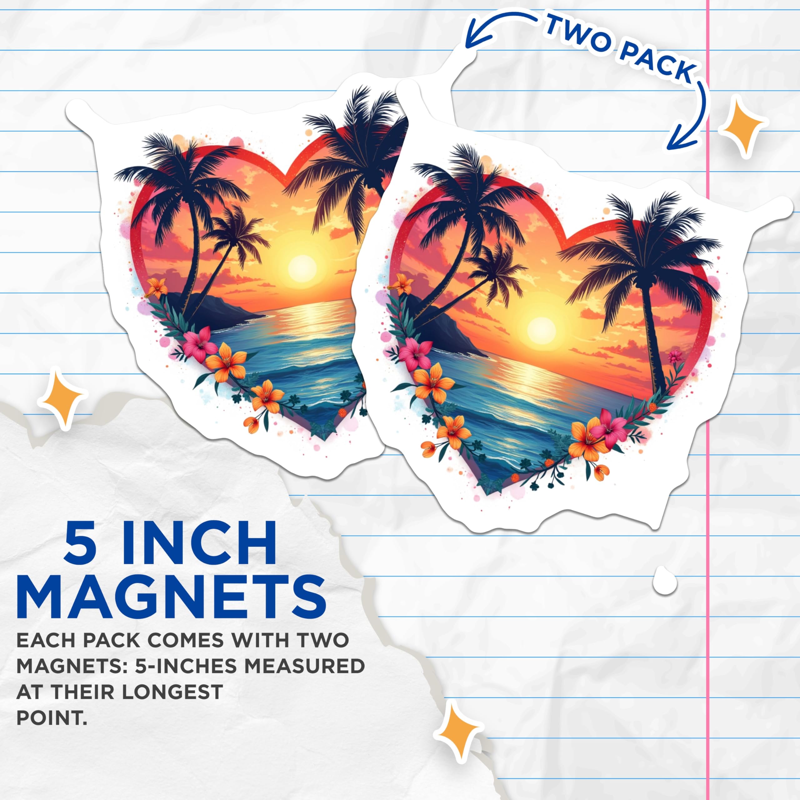 (2 Pack) Tropical Sunset Magnets - Beach Heart Decor - Palm Tree Ocean Scene - Vacation Souvenir - Summer Vibes Fridge Magnet - 5 Inches On Longest Side - Thick Durable Magnet - Made in USA - MAG29474