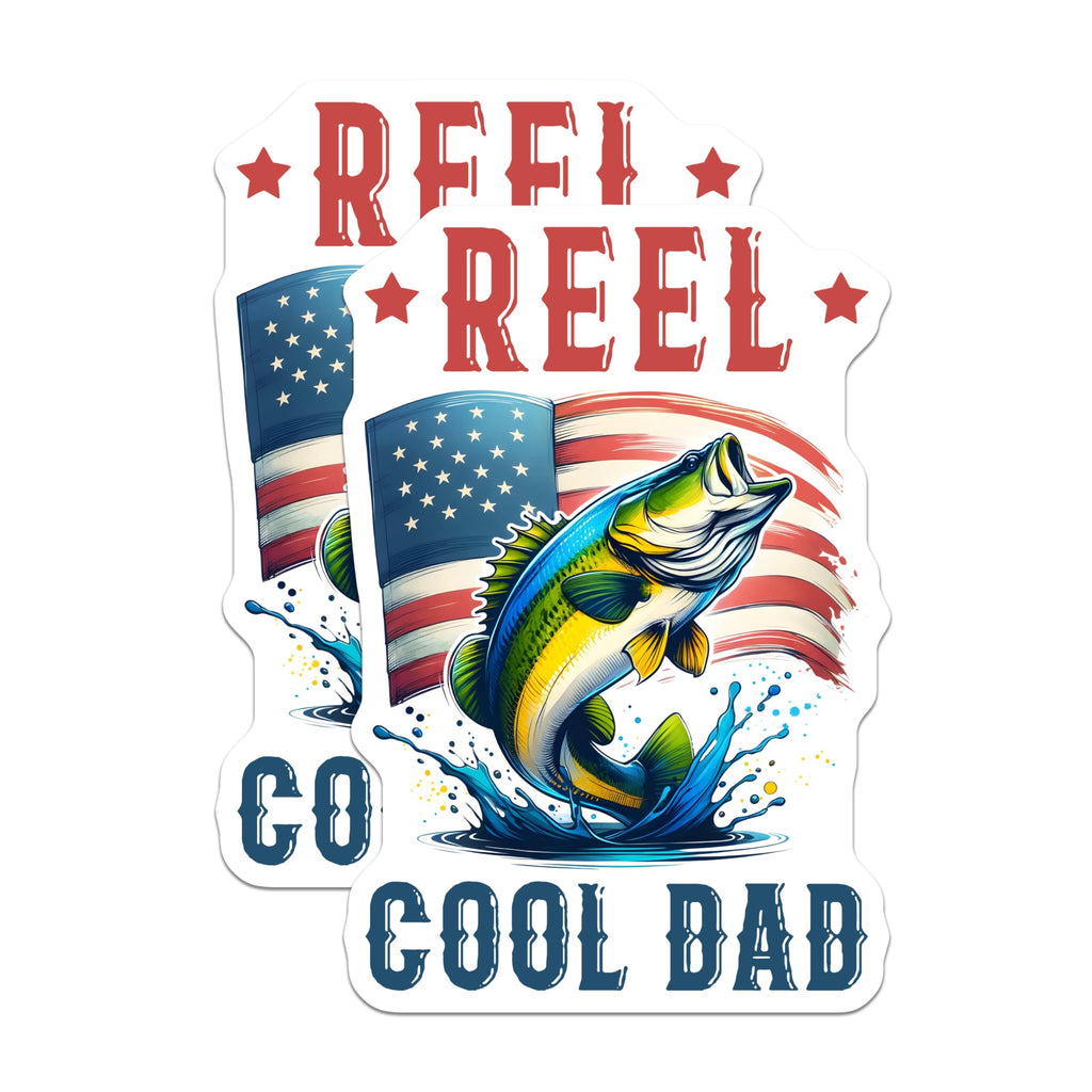 (2 Pack) Fishing Dad Stickers - Cool Dad Fishing Stickers - Reel Cool Dad Decal - 5" On Longest Side - Sticks to Any Smooth Flat Surface - Made in USA - BMCS3232