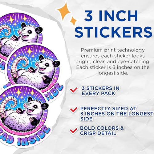 (3 Pack) Opossum Decals - Funny Animal Decal - Dead Inside Decal - 3 Inches On Longest Side - Easy Peel & Apply - Made in USA - 3MCS0269