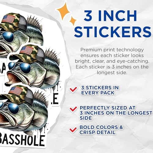 (3 Pack) Bass Fishing Decals - Funny Fisherman - Laptop Sticker - 3 Inches On Longest Side - Easy Peel & Apply - Made in USA - 3MCS8617