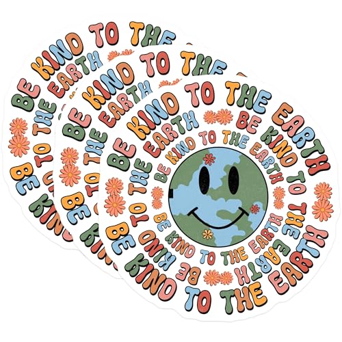 (3 Pack) Be Kind Earth Decals - Smiley Face Decal - Retro Flower Laptop Decals - 3 Inches On Longest Side - Easy Peel & Apply - Made in USA - 3MCS7484