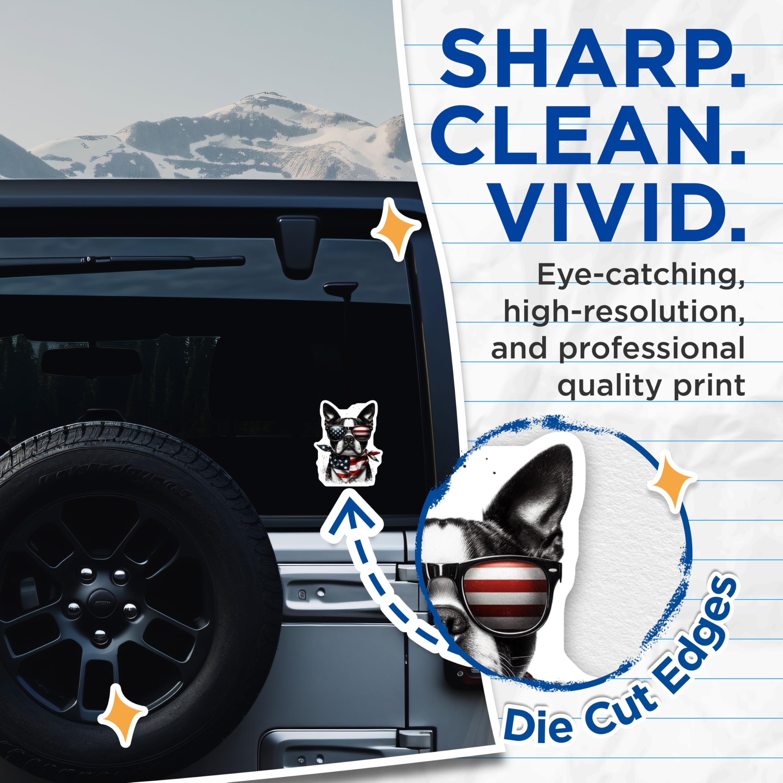 (2 Pack) American Flag Dog Stickers - Patriotic Boston Terrier - USA Pride Decals - 5" On Longest Side - Sticks to Smooth Flat Surfaces - Made in USA - BMCS15492