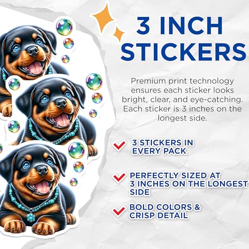 (3 Pack) Rottweiler Puppy Decals - Cute Dog Stickers - Laptop Decal - 3 Inches On Longest Side - Easy Peel & Apply - Made in USA - 3MCS8390