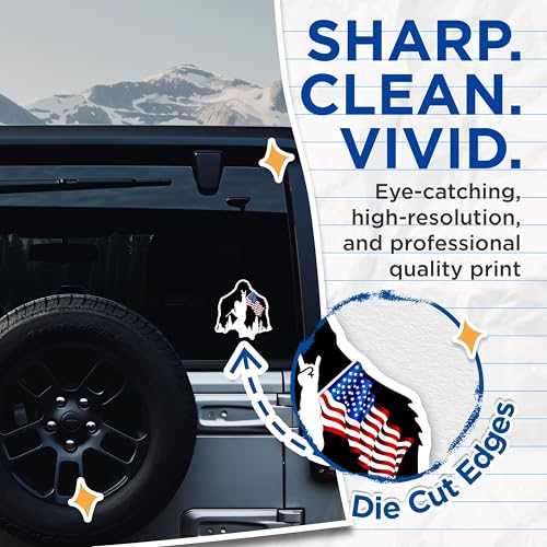 (2 Pack) Bigfoot American Flag Stickers - Sasquatch Decal - Patriotic Cryptid Art Stickers - 5" On Longest Side - Sticks to Smooth Flat Surfaces - Made in USA - BMCS5872