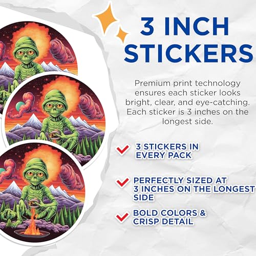 (3 Pack) Alien Campfire Decals - Sci-Fi Art - Laptop Decals - 3 Inches On Longest Side - Easy Peel & Apply - Made in USA - 3MCS2841