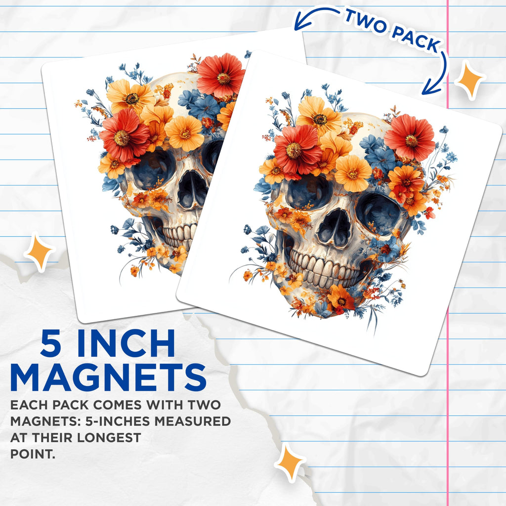 (2 Pack) Floral Skull Magnets - Day of the Dead Art - Bohemian Home Decor - 5 Inches On Longest Side - Thick Durable Magnet - Made in USA - MAG28685