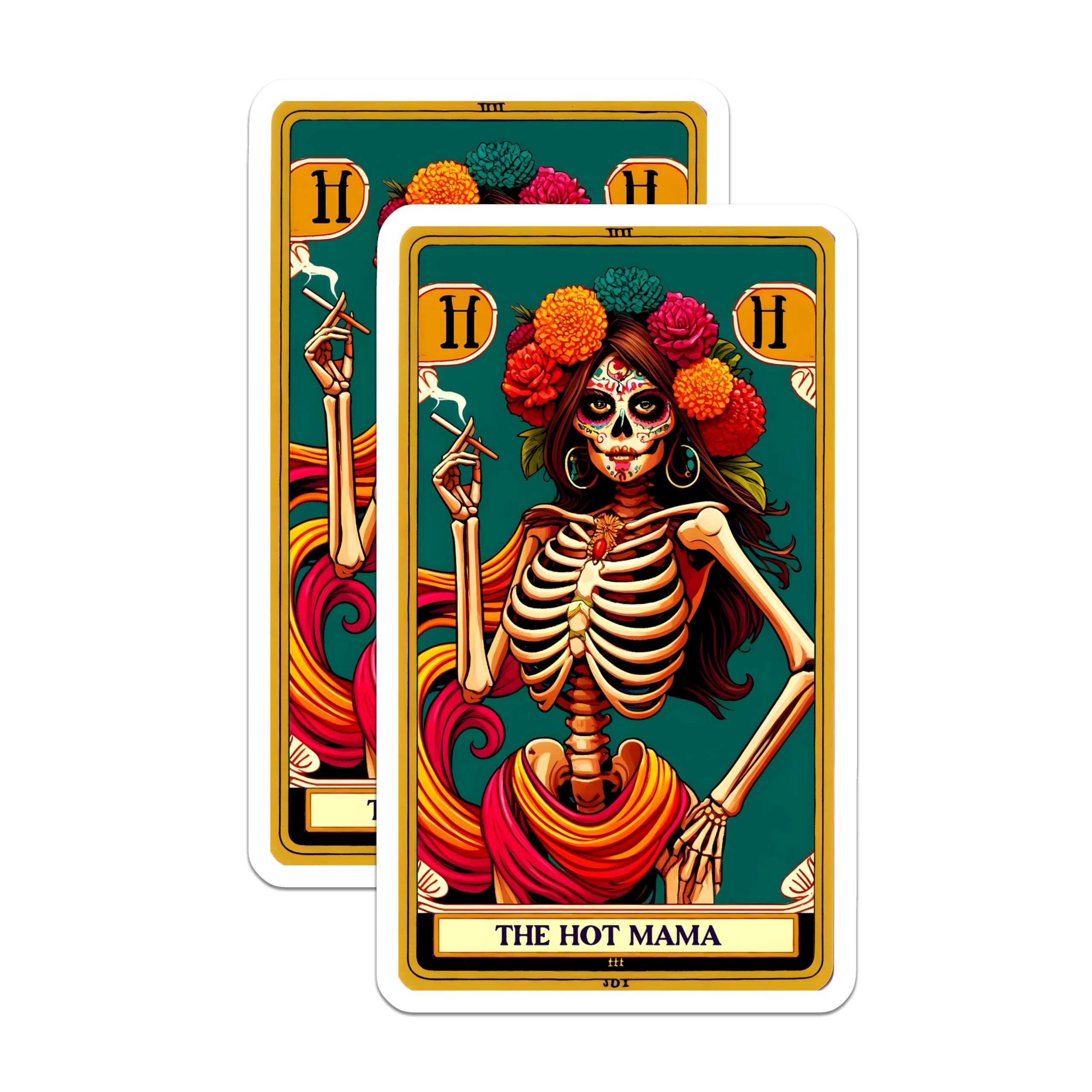 (2 Pack) The Hot Mama Magnets - Calavera Sugar Skull Art - Day of the Dead Decor - Tarot Card Style Skeleton Lady - 5 Inches On Longest Side - Thick Durable Magnet - Made in USA - MAG21628