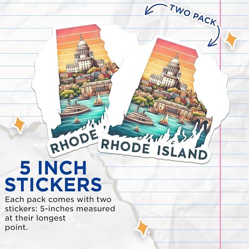(2 Pack) Rhode Island Stickers - State Capitol Stickers - Travel Destination Stickers - 5" On Longest Side - Sticks to Smooth Flat Surfaces - Made in USA - BMCS5282