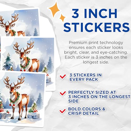 (3 Pack) Christmas Reindeer Decals - Holiday Deer Stickers - Winter Decoration - 3 Inches On Longest Side - Easy Peel & Apply - Made in USA - 3MCS7470