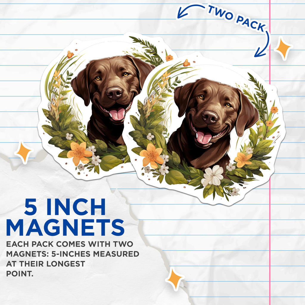(2 Pack) Cheerful Chocolate Labrador Retriever Magnets - Pet Lover Kitchen Decor - Floral Dog Refrigerator Locker Art - 5 Inches On Longest Side - Thick Durable Magnet - Made in USA - MAG24637