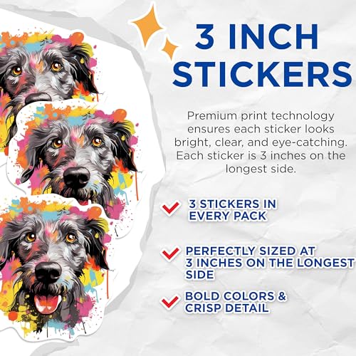 (3 Pack) Irish Wolfhound Decals - Colorful Dog Decal - Laptop Decal - 3 Inches On Longest Side - Easy Peel & Apply - Made in USA - 3MCS0816
