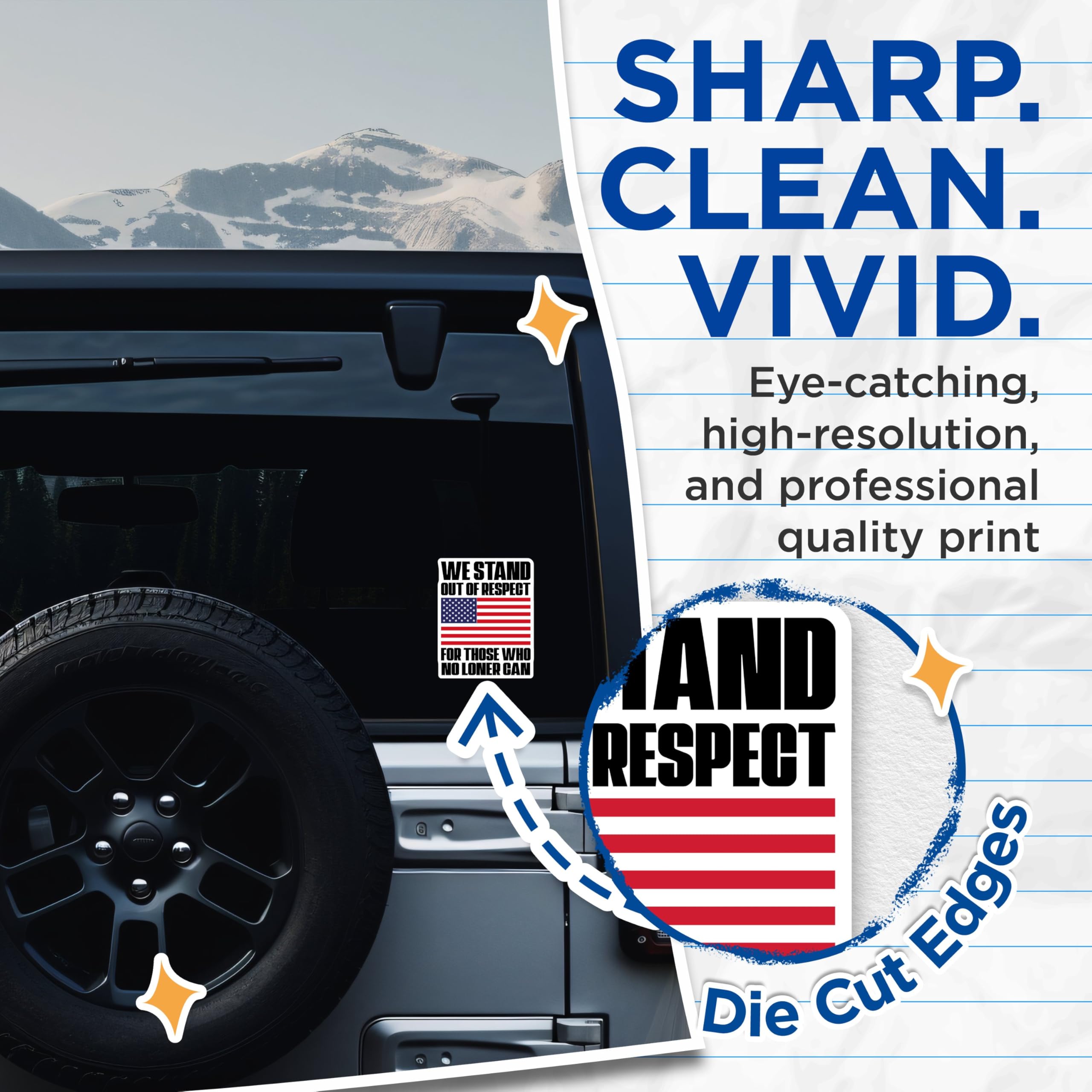 (2 Pack) We Stand Out of Respect Stickers - Patriotic American Flag Stickers - Support The Troops Stickers - 5" On Longest Side - Sticks to Smooth Flat Surfaces - Made in USA - BMCS4566