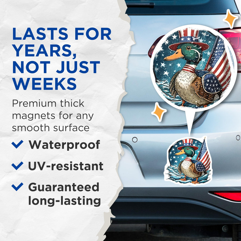(2 Pack) American Flag Duck Magnets - Patriotic Mallard Wildlife Art - 4th of July Decor - USA Stars Stripes Animal - 5 Inches On Longest Side - Thick Durable Magnet - Made in USA - MAG20620