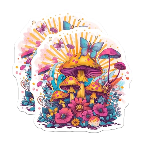 (2 Pack) Mushroom and Butterfly Stickers - Nature Inspired - Colorful and Whimsical Art - 5" On Longest Side - Sticks to Smooth Flat Surfaces - Made in USA - BMCS8873