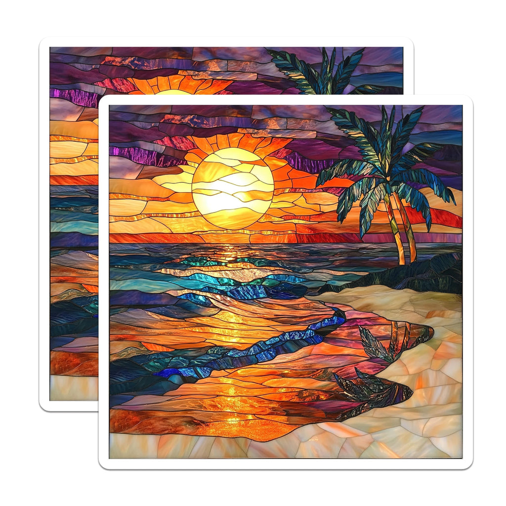 (2 Pack) Stained Glass Sunset Magnets - Tropical Beach Palm - Coastal Decor Home Accent - 5 Inches On Longest Side - Thick Durable Magnet - Made in USA - MAG29343
